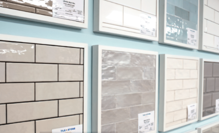 Interior of a tile and stone gallery showcasing a variety of exquisite patterns and designs.